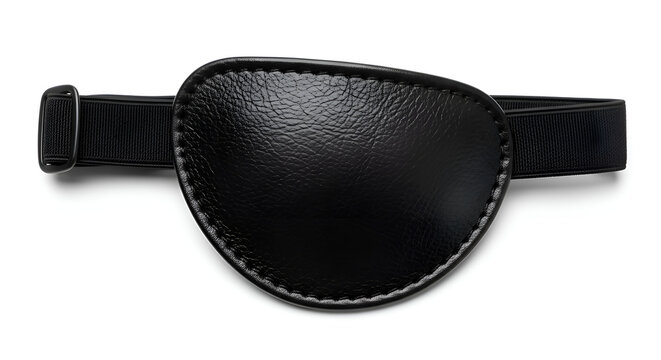 A centered and close up of pirate eye patch made of black leather with elastic strap, on clean white background