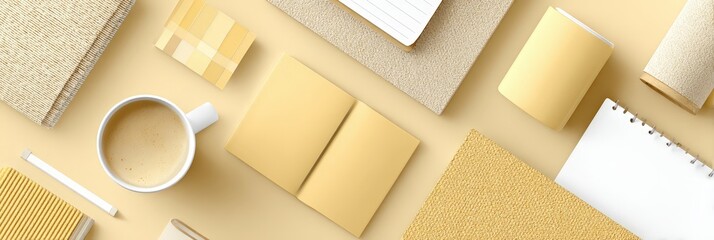 Flat lay of yellow stationery items with coffee cup and textures on neutral background