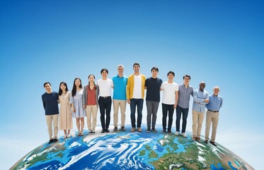 World Population Day image showing people of various ethnicities standing united on the globe, representing worldwide population diversity