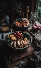 Fototapeta premium Deliciously Plated Chicken and Quinoa Bowl with Fresh Vegetables in Rustic Setting