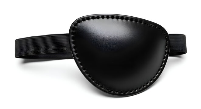 A close up of pirate eye patch made of black leather with elastic strap, on clean white background