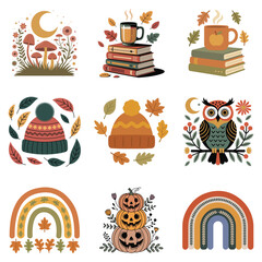Fall Autumn Clipart, Retro Boho Autumn design sublimation, Happy Fall season vibes collection 