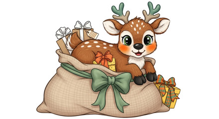 Isolated Cartoon Deer in a Gift Sack