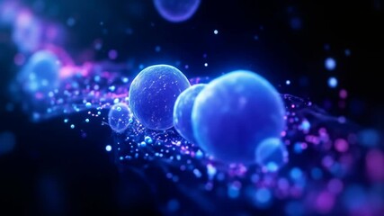 Blue cell in abstract microscopic view of molecular structure. Biology and medical concept of cells for scientific research footage. - Powered by Adobe