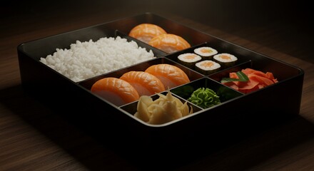 Indulge in the Exquisite Elegance of this Beautifully Presented Sushi Bento Box, a Culinary Masterpiece Ready to Delight Your Senses.