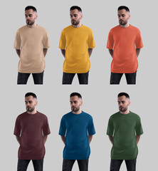 Mockup of a bright oversized t-shirt on a bearded guy in black jeans, front view, for design, branding, pattern. Set