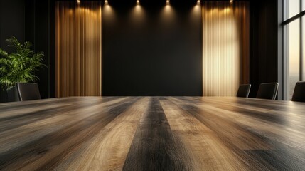 A sophisticated meeting room featuring a polished wooden table and stylish lighting, emphasizing a professional atmosphere for collaboration and strategic discussions.