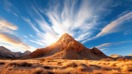 Naklejka premium A stunning mountain range is illuminated by the sunset, casting golden hues across the landscape while fluffy clouds add depth and drama to this breathtaking natural scene.