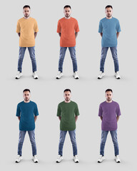 Template of a bright oversized t-shirt for a guy, hands in jeans pockets, full height, front view, for design, branding, advertising. Set