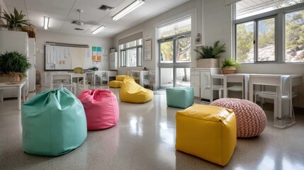 A modern and inviting classroom designed with colorful bean bags and bright lighting, creating a comfortable learning environment that fosters creativity and collaboration among students.