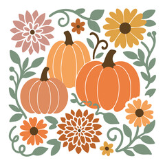Naklejka premium Floral Pumpkin Patch illustration - Fall Autumn Clipart, Retro Boho Autumn design sublimation, Happy Fall season vibes 