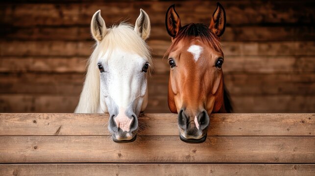 A charming image featuring two horses with different coats peering over a wooden stable wall, showcasing their beauty and connection with nature and the animal world.