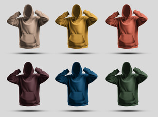 Mockup of colorful men's hoodies oversize 3D rendering, with hood on, front view, isolated on background,  set