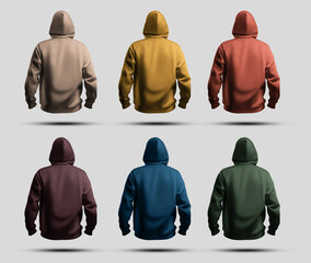 Mockup of colorful men's hoodies oversize 3D rendering, with a hood on, back view, for design, print, pattern, branding., set