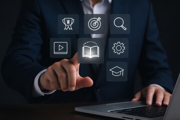 A person interacts with digital icons representing educational resources.