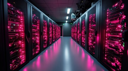 An advanced server room filled with racks of servers illuminated by vibrant pink lights, representing the cutting edge of technology and innovation.