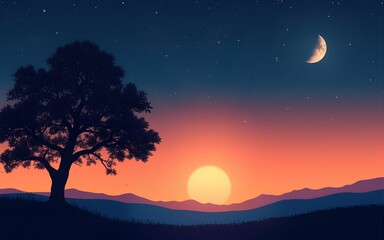 Fototapeta premium Silhouette of tree against sunset, crescent moon, and starry night sky, creating a serene and peaceful landscape illustration, ideal for relaxation or nature themes. High quality