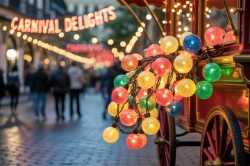 A photograph of an elaborate arrangement of colorful carnival lights spilling out from a vintage wooden cart