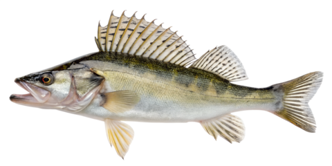 A detailed image of a yellow perch fish with a streamlined body and prominent dorsal fins. The fish is displayed against a transparent background.