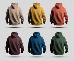 Template of bright oversized hoodies 3D rendering, men's clothing, back view, for design, print, pattern, branding, set