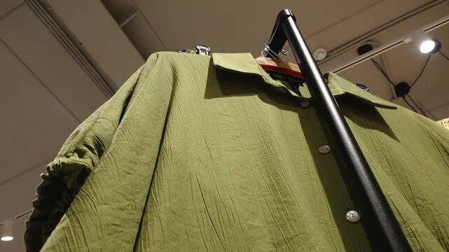 Close-up upward angle of a green textured button-up blouse on a hanger in a retail store, with focus on fabric and structure.
