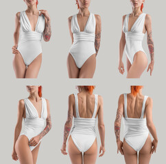 Mockup of a white one-piece swimsuit on a slim red-haired girl, front, side, back view, for design,...