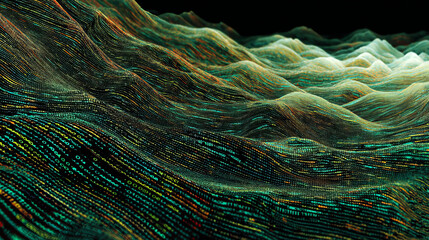 Abstract gradient particle waves seamlessly flowing with soft purple light and bokeh. Orange and blue digital waves. Technology, engineering, science, and artificial intelligence background