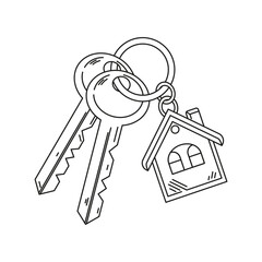 A bunch of two keys with a keychain for mortise locks on a white background