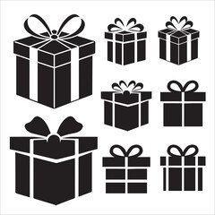 Minimalist Black and White Gift Box Icons – Vector Graphic Illustrations

