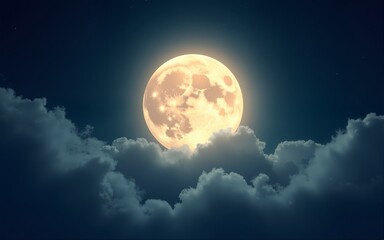 Fototapeta premium A beautiful glowing full moon surrounded by wispy clouds in a deep starry sky, capturing the magic and mystique of the night. Great for fantasy themes, dreamlike visuals, and moon-inspired artwork.