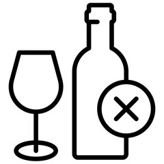 No Alcohol - Outline Style Icon - wine bottle and glass with an “X” mark, symbolizing alcohol restriction or abstinence