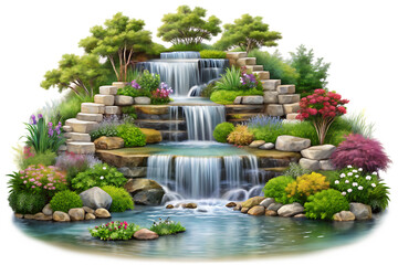 Serene Multi Tiered Waterfall Garden Lush Greenery Tranquil Pond Stone Steps Colorful Flowers Realistic Digital Painting isolated on a transparent background
