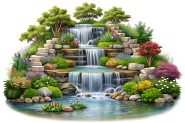 Serene Multi Tiered Waterfall Garden Lush Greenery Tranquil Pond Stone Steps Colorful Flowers Realistic Digital Painting isolated on a transparent background