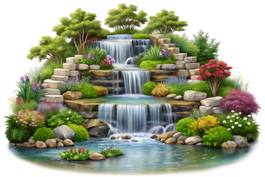 Serene Multi Tiered Waterfall Garden Lush Greenery Tranquil Pond Stone Steps Colorful Flowers Realistic Digital Painting isolated on a transparent background