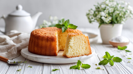 A homemade sponge cake on a table made of white wood