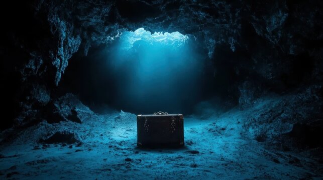 A dark underwater cave illuminates a mysterious treasure chest, evoking a sense of adventure and intrigue in the vast ocean depths, perfect for tales of exploration.