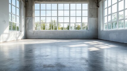 Fototapeta premium A bright and spacious room with large industrial-style windows, allowing natural light to flood in and creating an open, airy atmosphere for various uses or settings.