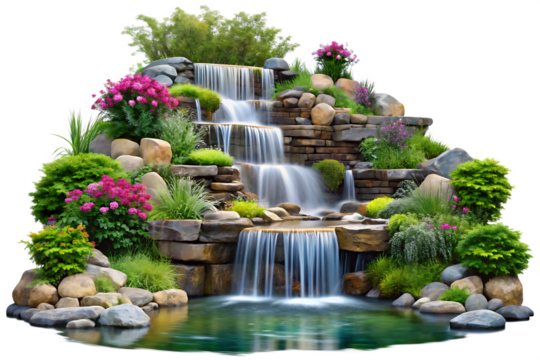 Serene Multi Tiered Waterfall Garden with Lush Greenery and Pink Flowers Cascading Water Feature Tranquil Landscape Design isolated on a transparent background