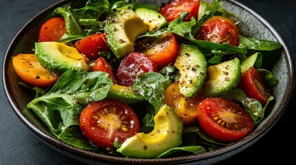 A delicious salad featuring vibrant tomatoes, fresh avocado, and greens, beautifully arranged to highlight the freshness and appeal of a healthy culinary choice.