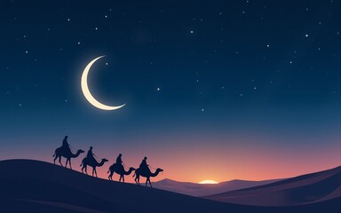 A serene desert night with a camel caravan under a starry sky and crescent moon. ideal for ramadan designs, travel promotions, or tranquil nature themes. Desert Caravan Under Stars. Illustration
