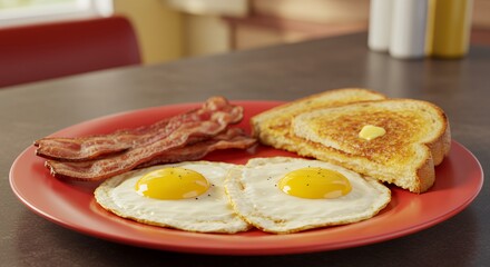 Indulge in a Classic Diner Breakfast: Sunny-Side Up Eggs, Crispy Bacon, and Buttery Toast Await