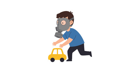 Flat minimalist vector of a child wearing a gas mask while playing with a toy, representing pollution impact.