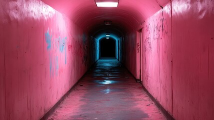 Fototapeta premium A narrow, graffiti-covered tunnel glows with an eerie pink light, drawing the eye towards its dark end, evoking feelings of curiosity and suspense in urban exploration.