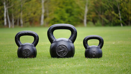 Three cast iron kettlebells lying on a green grass, possibly used for outdoor workout or exercise