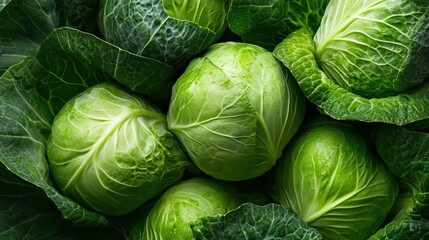 Fototapeta premium A vibrant and fresh display of green cabbages closely piled together provides a vivid representation of healthy eating, nature's bounty, and ecological awareness.