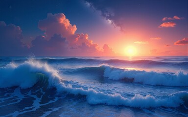 based on the theme of "bending sea and sky Vibrant ocean waves at sunset under starry sky. High quality