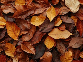 A close-up view of fallen autumn leaves, a mix of warm browns, oranges, and reds