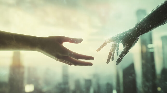 Human Hand Reaching Towards a Robotic Hand Against a Futuristic Cityscape
