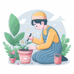 image of someone planting flowers in a pot with a simple and minimalist flat design using a white background
