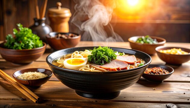 Authentic Japanese ramen bowl inside a small local ramen shop, chasu, nori, ajitsuke tamago, cozy traditional interior